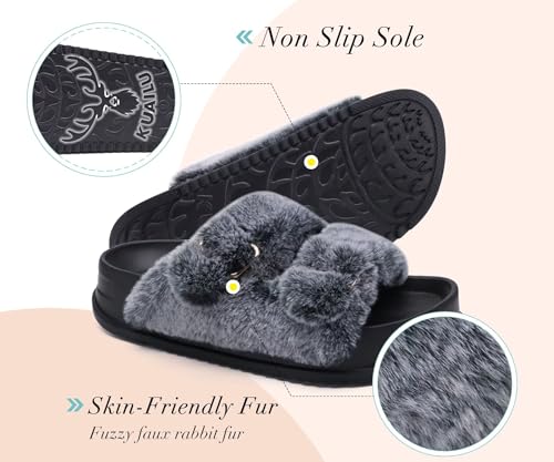 Image of KuaiLu Women's Fluff Slippers Plantar Fasciitis Arch Support Platform Slippers Ladies Fashion Open Toe Faux Fur Sliders Womens House Slipper Size 6-12