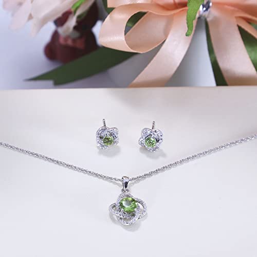 Belinda Jewelz Womens 925 Sterling Silver Cute Love Knot Sparkling Gemstone Push Back Stud Earrings Hanging Pendant Necklace Beautiful Fine Jewelry Accessory Set, 1.65 Carat Peridot Green #TOP1