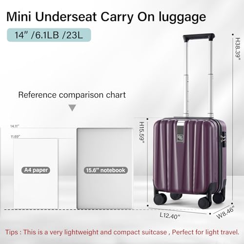 Image of Hanke 14 Inch Underseat Carry On Luggage with Wheels Hard Shell Suitcases Lightweight Small Luggage for Weekender Mini Suitcase Carry On Bag Travel Luggage for Travel Rolling Suitcase.(Purple)