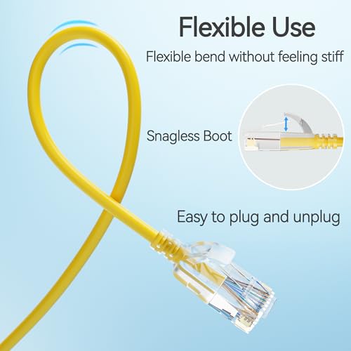 Image of Cat6 Slim Patch Cables 0.5 Feet 10-Pack Yellow, Cat6a Patch Cables 10Gbps 550MHz High-Speed, Cat 6 Ethernet Cable Pure Copper UTP, Flexible & Thin Patch Cable Cat 6 for Network Cabling