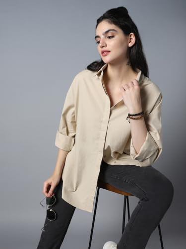 Image of High Star Relaxed Oversized Spread Collar Long Sleeve Cotton Longline Casual Shirt