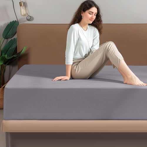 Drap-housse 100% coton gris pour lit double bonnet 30 cm