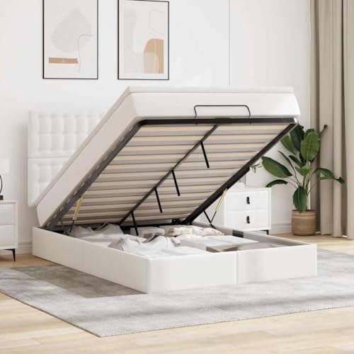 YuuSsea Cama otomana con colchón y LED, blanco 140x190 cm, cama tapizada de cuero sintético con espacio de almacenamiento, colchón de muelles ensacados, colchón, muebles de dormitorio