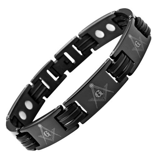 MasonicMan Men's Black Titanium Masonic Freemasonry Bracelet Adjustable in Gift Box