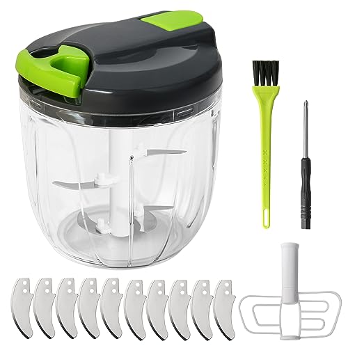 900ml Manual Food Chopper, K Kwokker Manual Food Processors Pull String with 10 Sharp 420 Stainless Steel Blades, Vegetable Chopper Shredder, Onion Slicer Cutter Dicer Grinder with Brush&Screwdriver
