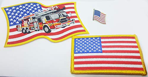 USA Flag Patch with Fire Truck and Lapel Pin and USA Flag Patch 3 Items American