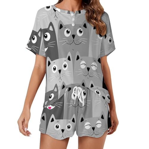 Pyjama chat gris vêtement de nuit femme pour soirées d'été douillettes