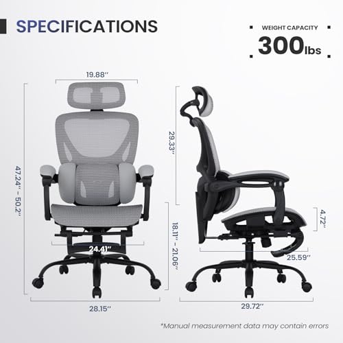 Image of MALOL Ergonomic Mesh Office Chair with Footrest, Executive High Back Computer Desk Chair with 3D Adjustable Headrest & 5-Level Lumbar Support, Reclining Tilt Lock, 3D Arms, 300LBS Capacity, White