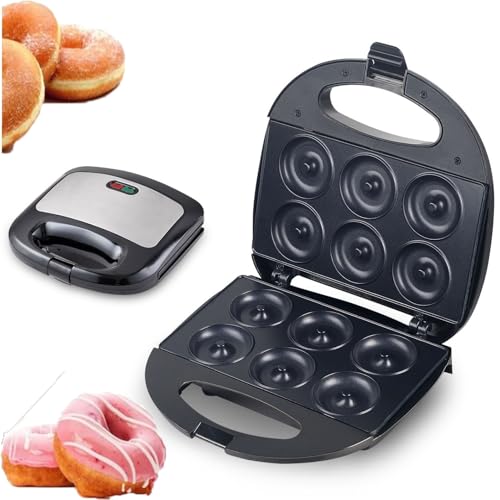 OFNHJK Mini Donut Maker, 750W Pancakes Maker Machine with Non-stick Surface, Cake Machine, Double-sided Heating Makes 6 Doughnuts, for Breakfast, Snacks, Desserts & More
