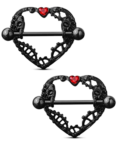 COCHARM 2pcs Halloween Heart Nipple Rings 14g Black Gothic Piercing Jewelry for Women Goth Barbell Cute 14mm Bar