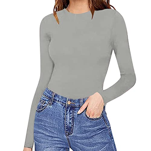 Lolvmvchi Deals Of The Day Clearance,Robe,Womens Fall Fashion 2024,Women'S Long Sleeve Stretch Shirts Mock Neck Ribbed T-Shirt Fitted Casual Basic Tops 2024 (Grey, Xxl)