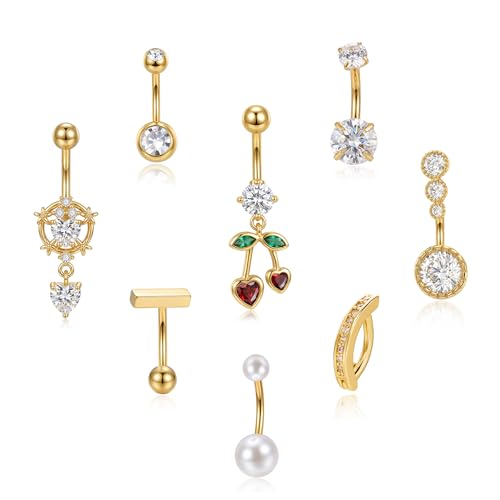 RINHOO FRIENDSHIP 8 Pcs Belly Button Rings Stainless Steel CZ Dangle Navel Piercing Jewelry Set 14G 1.6MM Cute Belly Rings Body Jewelry for Beach Festival Daily (Cherry-g, 8)