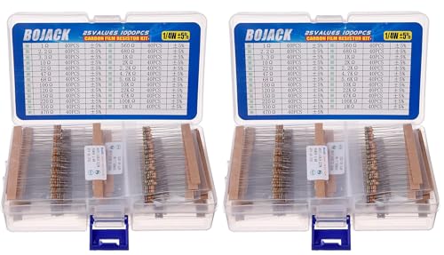 Image of BOJACK 1000 Pcs 25 Values Resistor Kit 1 Ohm-1M Ohm with 5% 1 /4W Carbon Film Resistors Assortment (Pack of 2)