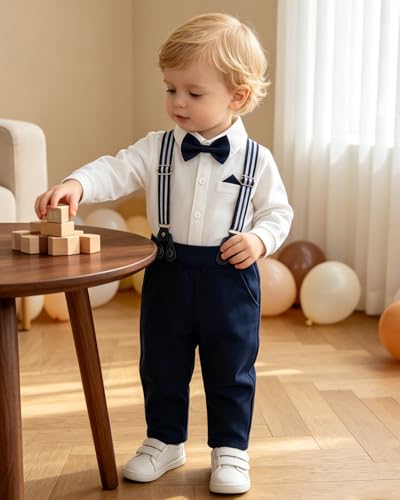 Image of SALNIER Baby Boy Suit Set Infant Formal Outfit Tuxedo | Soft Cotton Shirt Suspenders Pants Bow Tie Beret Hat 5pcs Set, For Wedding Baptism Birthday Party