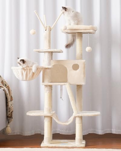 Hey-brother Kratzbaum, 134,6 cm, Katzenturm für Indoor-Katzen, Katzenhaus mit gepolstertem Plattformbett, Spielzeugbälle, großer gemütlicher Höhle, Hängematten und Sisal-Kratzbäume, Beige MPJ019-SM