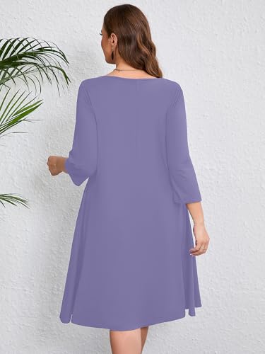 Image of AusLook Women's Plus Midi Dresses Crew Neck A Line 3 /4 Sleeves Casual Elegant Loose Wedding Vacation Dress with Pockets