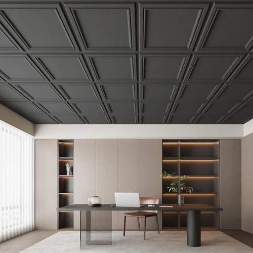 Image of Art3d 36 Pack PVC Ceiling Tiles, 24x24 Inches Waterproof Drop Ceiling Tiles /Wall Panels for Interior Wall Decor, Covers 144 Sq.,ft, Matte Black