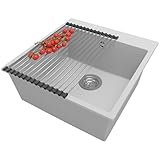 PRIMAGRAN Spülbecken Grau 48x50cm, Granitspüle 1 Becken + Ablauf-Set + Aufrollbare Abtropffläche, Küchenspüle ab 50er Unterschrank - Riga