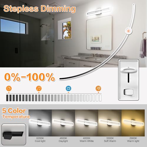 Image of SOLFART Brushed Nickel Vanity Lights for Bathroom 5 Color Adjustable Dimmable 24 Inch Led Vanity Light 5CCT