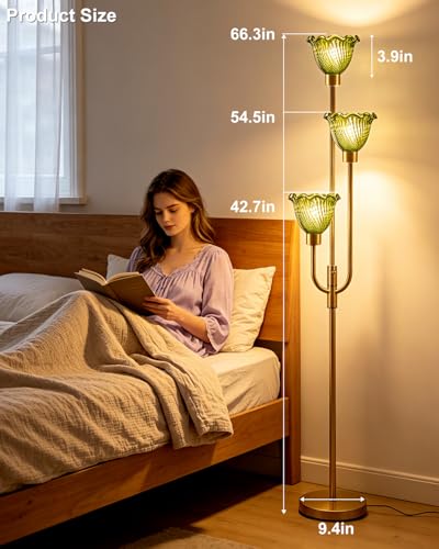 Image of Lightdot 3-Lights Glass Floor Lamp 66IN Modern Gold Dimmable Floor Lamps with 3000K Warm White Bulbs for Wedding Party Tall Standing Lamp with Green Glass Shade for Living Room /Bedroom /Home Decor