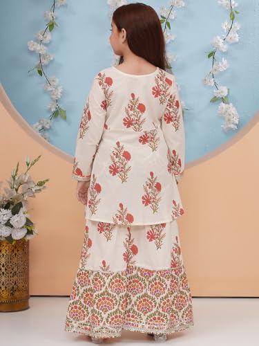 Image of Preneum Girls's Cotton Rayon Gota Pati Multi Floral Printed Angrakha Kurta with Sharara & Dupatta