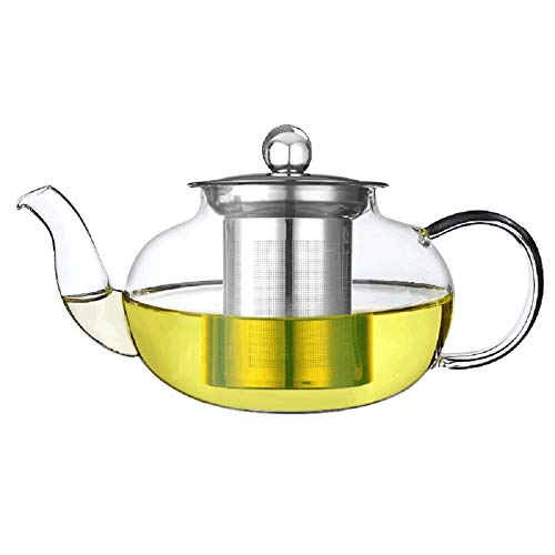 Glass Teapot Kettle with Infuser - Removable Stainless Steel Strainer Steeper and Lid for Loose Leaf and Blooming Tea - Strong Borosilicate Clear Glass Tea Pot - 600 ml 21 Ounces by TIYOORTA