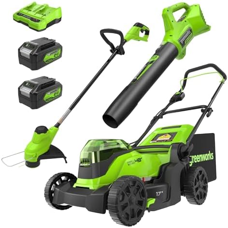 Greenworks 48V (2x24V) 17" Brushless Mower+12" String Trimmer +320CFM Blower,(2) 4.0Ah Batteries and 2A Dual Port Charger