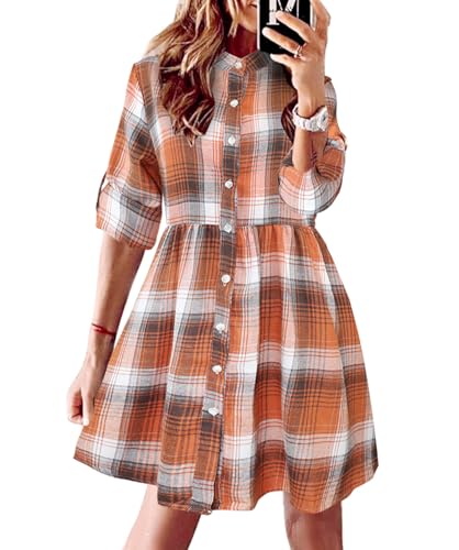 FANCYINN Women's Gingham Stand Collar Shirt Dress Button Down Casual