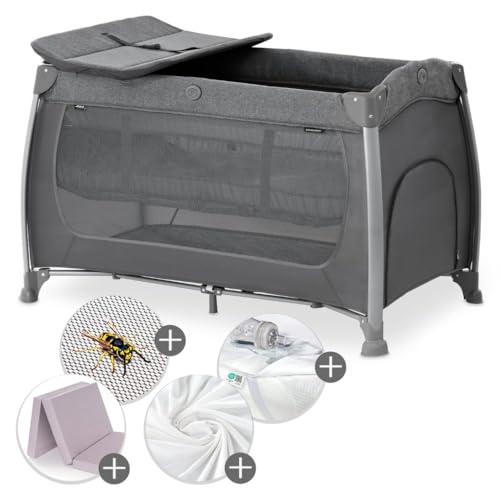 hauck Reisebett XXL-Sparset - Play N Relax Center inkl. Alvi Reisebett-Matratze + wasserdichte Betteinlage + 2 Spannbettlaken + Insektenschutz - Melange Charcoal