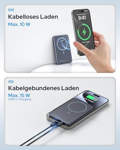 Powerbank für Magsafe, TRKOY Slim Magnetische Power Bank iPhone 5000mAh, Schnellladung Kabellose Powerbank mit USB-C Ausgang, Externe Handyakkus für iPhone 17/16/15/14/13/12 Serie