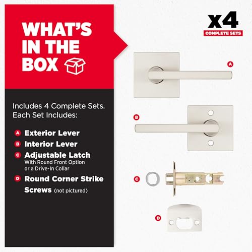 Image of Kwikset Halifax Interior Square Passage Door Handle, Lever for Closet and Hallway Doors, Reversible Non-Locking Handle Lever, Satin Nickel 4 Pack