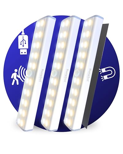 Motion Sensor Under Cupboard Lights, 3 Pack Rechargeable 20 LED Strip Light, Wardrobe Lighting, Rechargeable Battery Operated Lights for Kitchen Cabinets, Sensor Night Light, Bedroom LED Lights