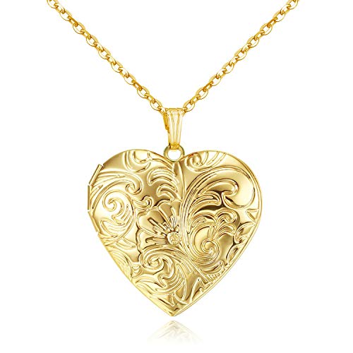 YOUFENG Locket Necklace That Holds Pictures Flower Lockets Necklaces Pendant 18K Gold Plated Gifts for Women Girl (Heart Gold Locket)