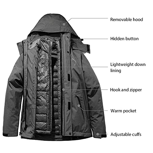 Wantdo Men's Waterproof Winter Coats Hooded Puffer Jacket 3 In 1 Down Jacket Grey Large #TOP2