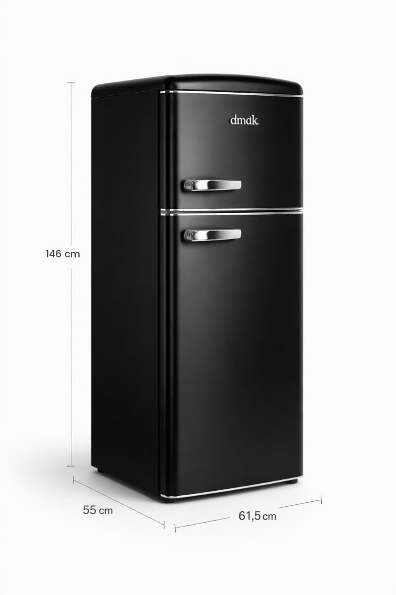 DMDK DKB2 Frigorífico Retro Independiente, Negro Mate, 208 l, 41 dB, con Compartimento Congelador, 146 x 61,50 x 55 cm