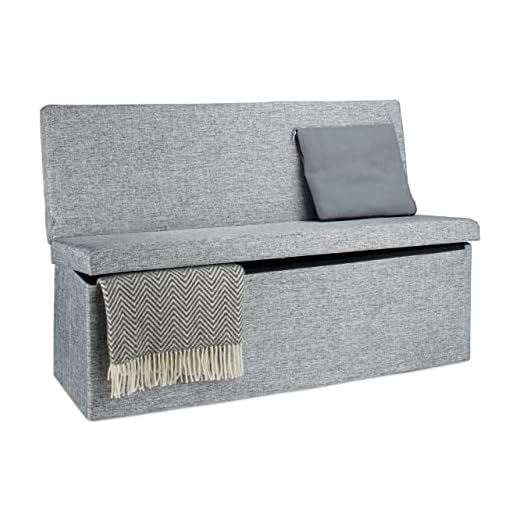 Otomana Plegable de Almacenamiento con Respaldo, de Relaxdays; Tela, marrón, (73 x 114 x 38 cm), Lino, Gris, 73 x 114 x 38 cm/X-Large