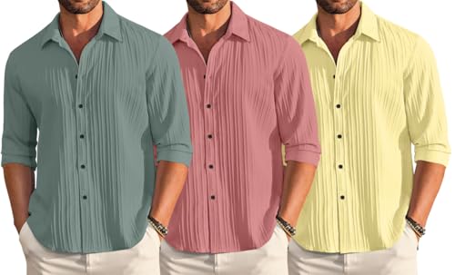 Image of FINIVO FASHION Combo of Men's Casual Cotton Plain Button Down Shirt Long Sleeve Textured Summer Beach Shirt for Men Pack of 3
