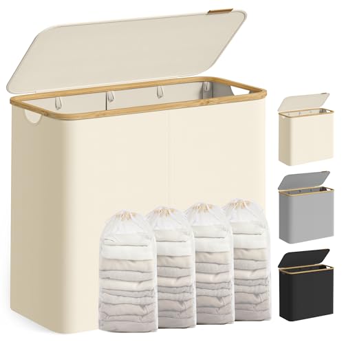 SONGMICS Wäschekorb mit Deckel Wäschesammler mit 4 Fächern 200 L herausnehmbarer Wäschesack Oxford-Gewebe Griffe aus Bambus zusammenklappbar 78 x 38 5 x 70 5 cm cremeweiß LCB514WD01