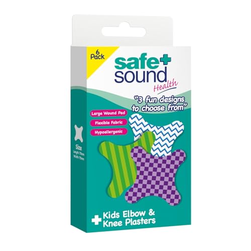 Image of Safe & Sound Kids Elbow & Knee Plasters – 6 Pack – Large Hypoallergenic Fabric Plasters with Fun Designs for Children – Flexible Wound Care for Scrapes and Grazes