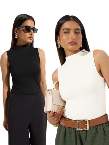 Image of KOTTY Women's Sleeveless High Neck Ribbed Tank Top Combo Pack of 2 Stylish Casual & Office Wear Tops