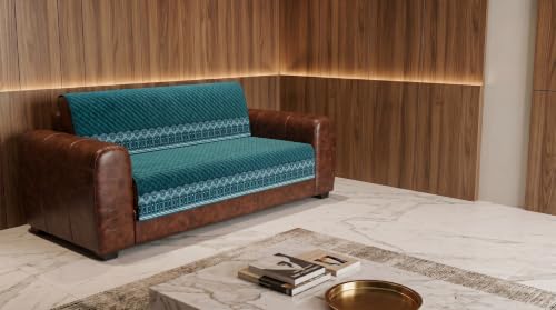 Image of KINGLY Sofa Cover 5 Seater 3+2 Velvet Full Cover - Teal Blue | Fully covered quilted velvet slipcover, washable anti-slip thick furniture protector for 3+2 living room sofa