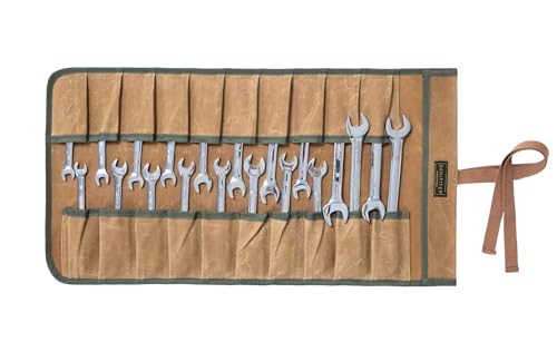 Wrench Roll, Durable 16 oz Waxed Canvas Tool Bag with 20 Slots,Tool Organizer Roll Up Bag | 23.6X12.5 Inch (Khaki)