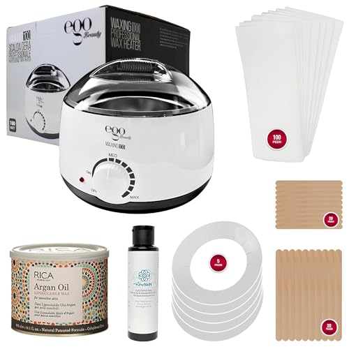 Anyskin kit Ceretta con Scaldacera Professionale, Cera Liposolubile Rica 400ml Rosa o Argan, Anyskin Olio Dopocera 100ml, Spatole in Legno 40pz. e Strisce Depilatorie Tnt 100pz.