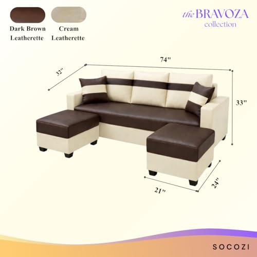 Image of SOCOZI Bastian 5 Seater L Shape Sofa Set with 2 Movable Ottomans | Flexible Layout | Premium Leatherette with Golden Metal Legs |Sofa for Living Room (Dark Brown-Cream)