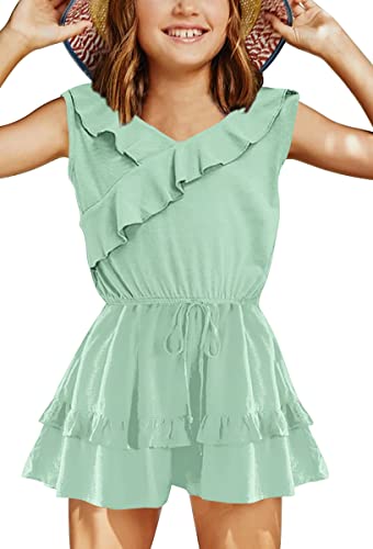 Haloumoning Girls' Jumpsuit Ruffle Hem Loose Fit Sleeveless Romper Kids Summer Casual Shorts with Pockets Jumpsuit, Green, 6-8 Years