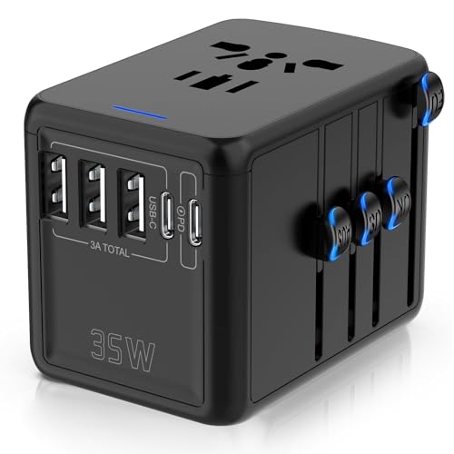 Image of JMFONE 35W PD Universal Travel Adapter, Fast Charging International Power Plug Adapter with 3*USB-A & 2*USB-C Ports and Multi AC Sockets, All-in-one Travel Outlet Conversion Plugs for 200+ Countries