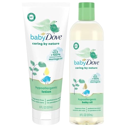 Image of Dove Baby Oil & Baby Lotion, Caring by Nature – Hypoallergenic Oil & Lotion, Nourishing Moringa Oil & Vitamin E Oil for Skin, Fragrance Free, 8 Oz Ea (2 Piece Set)