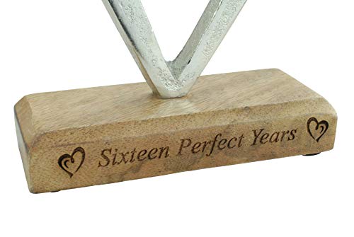 Sixteen Perfect Years 16th Anniversary Rustic Metal Heart Decoration - Free Standing Aluminium & Wooden Decoration (hssperf-16) - Image 2