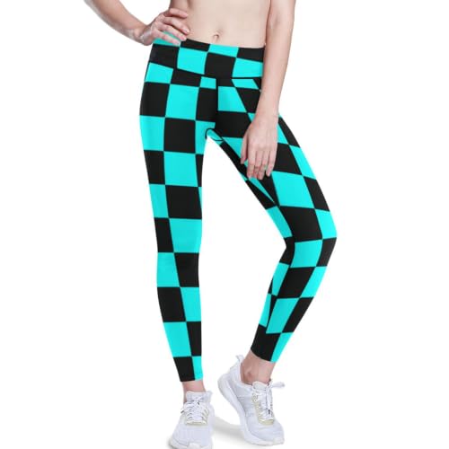 Leggings de yoga para mujer en negro y cian de cuadros mallas de cintura alta tallas XS a XXL