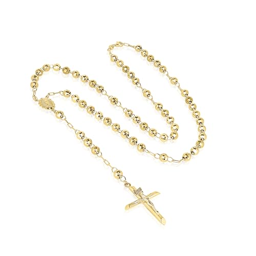 Floreo 10k Yellow Gold or Tri-Gold 5mm Rosary with Virgin Mary Medal and Crucifix of Jesus Cross Pendant Chain Necklace4